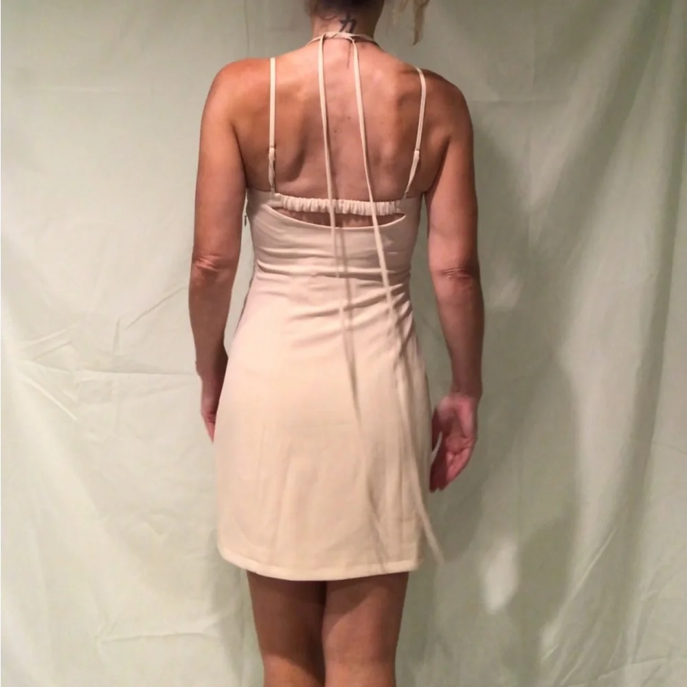 Jonathan Simkhai: Cream Ribbed Ruched Mini Dress - Picture 5 of 6